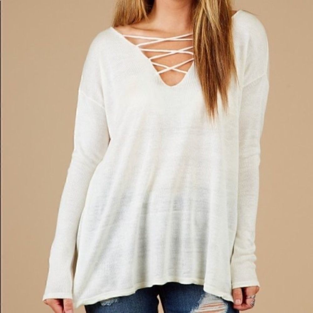 Altar'd State Cream V-Neck Criss Cross Lightweight Sweater
